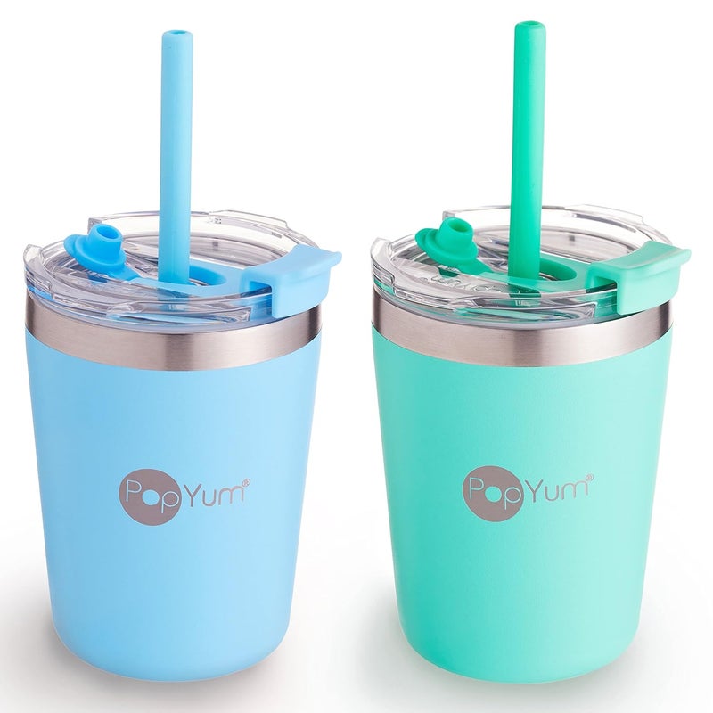 PopYum 9oz Insulated Stainless Steel Kids Cups with Lid and Straw 2Pack Blue Green stackable sippy baby child toddler tumbler double wall vacuum leak proof - Image 1