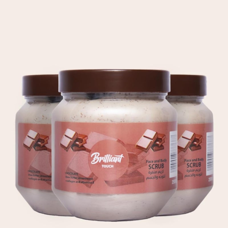 Brilliant Touch Face & Body Scrub Bundle of 3 Pcs 250ML each CHOCOLATE Scrub with Shea Butter, Collagen & Vitamin E | Deep Cleansing, Moisturizing & Skin Rejuvenation for Smooth, Radiant Skin