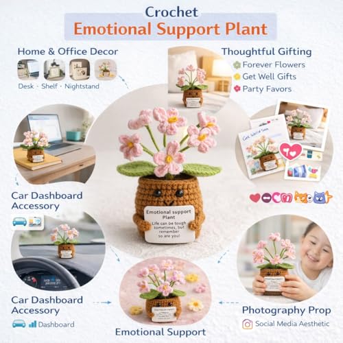 Vendola 12CM Height Valentine’s Day Emotional Support Crochet Flower Plant, Handmade Cute Desk Decor with Positive Message, Aesthetic Gift for Home, Office, Loved Ones & Couples & Car (Baby Pink) - Image 4