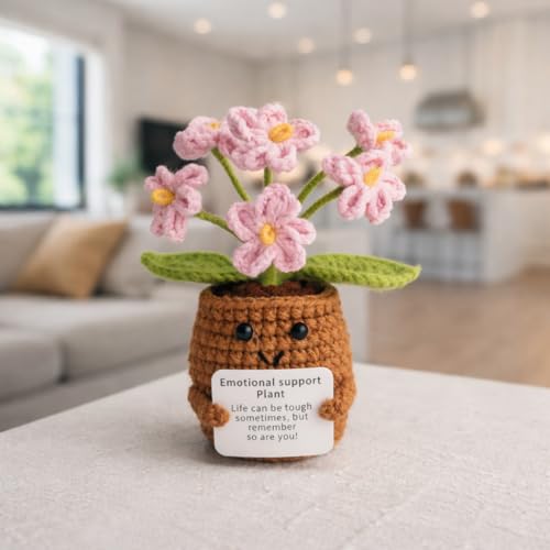 Vendola 12CM Height Valentine’s Day Emotional Support Crochet Flower Plant, Handmade Cute Desk Decor with Positive Message, Aesthetic Gift for Home, Office, Loved Ones & Couples & Car (Baby Pink) - Image 1