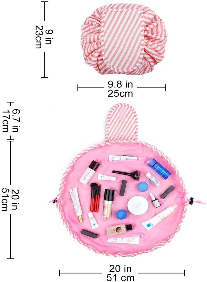 Luxoper Drawstring Makeup Pouch, Large Capacity Lazy Cosmetic Bag, Waterproof Foldable Toiletry Storage Organizer, Travel Vanity Kit for Women, Girls Makeup Brush Holder (Pink Strip) - Image 2