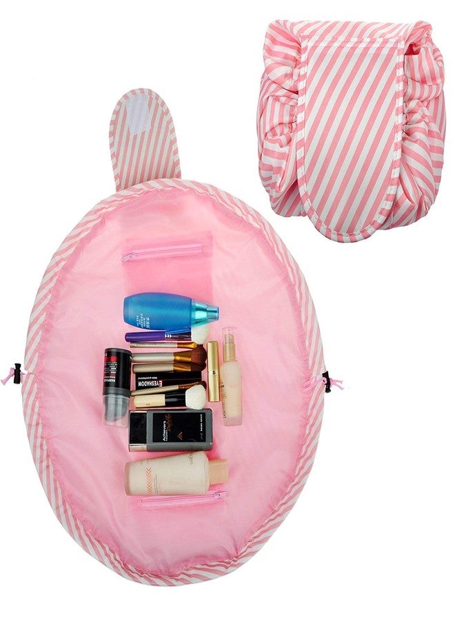 Luxoper Drawstring Makeup Pouch, Large Capacity Lazy Cosmetic Bag, Waterproof Foldable Toiletry Storage Organizer, Travel Vanity Kit for Women, Girls Makeup Brush Holder (Pink Strip) - Image 3