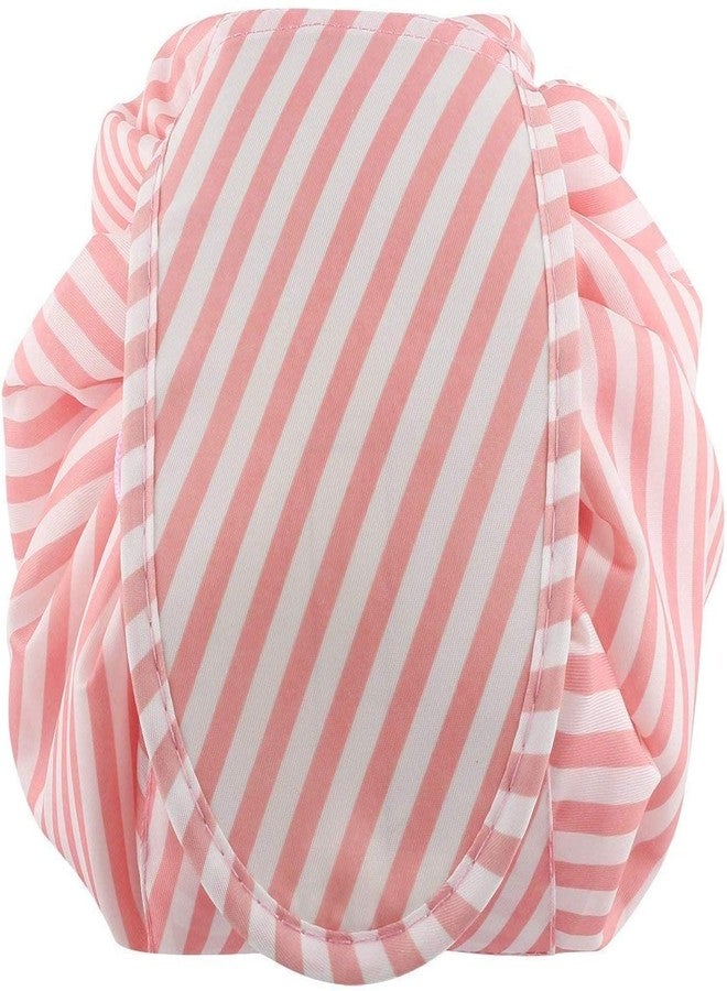 Luxoper Drawstring Makeup Pouch, Large Capacity Lazy Cosmetic Bag, Waterproof Foldable Toiletry Storage Organizer, Travel Vanity Kit for Women, Girls Makeup Brush Holder (Pink Strip) - Image 1
