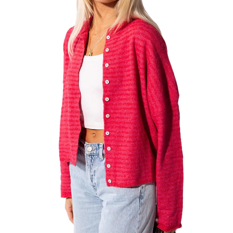 DSORVICD Women Striped Cardigan Button Down Long Sleeve Crewneck Crop Cardigans Sweater Cute Knitwear Fall Outerwear (Watermelon red, L) - Image 1