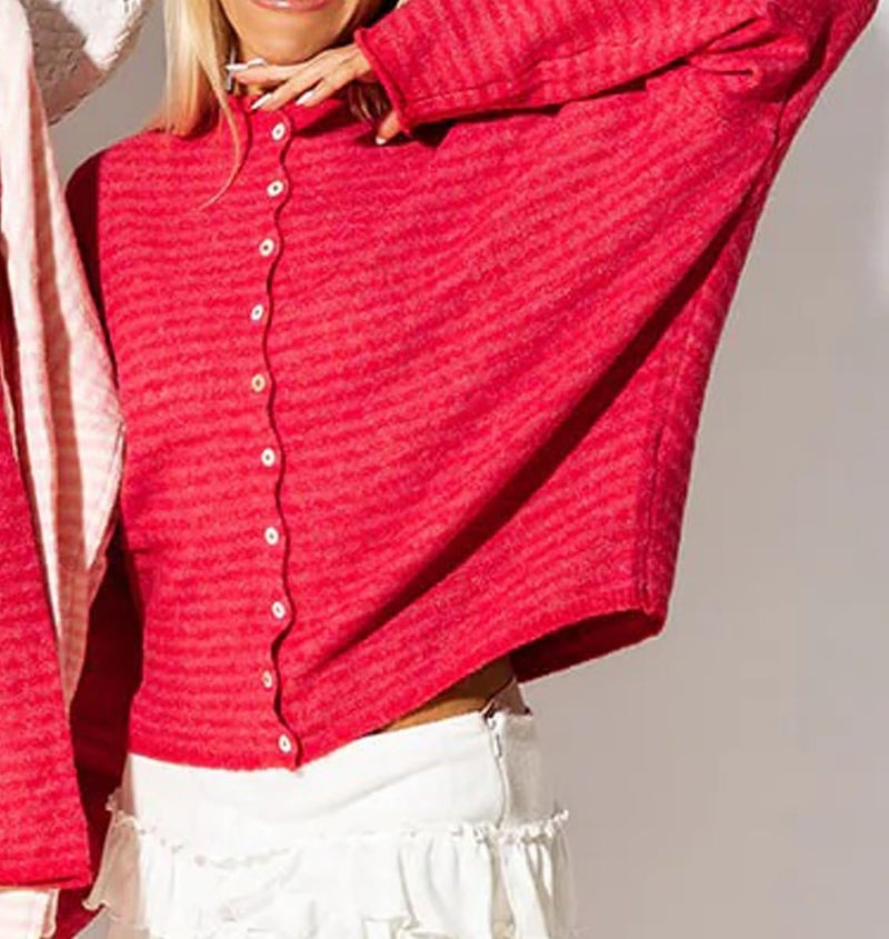 DSORVICD Women Striped Cardigan Button Down Long Sleeve Crewneck Crop Cardigans Sweater Cute Knitwear Fall Outerwear (Watermelon red, L) - Image 5