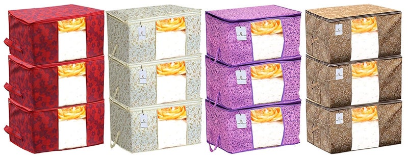 Kuber Industries Metalic Printed 12 Piece Non Woven Fabric Underbed Storage BagCloth OrganiserBlanket Cover with Transparent Window Red Beige Pink Purple Brown CTKTC41311 - Image 1