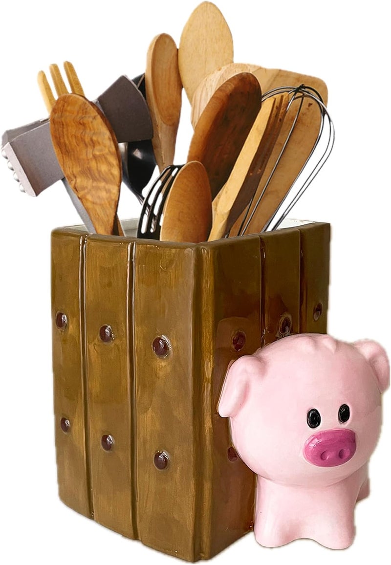 Sixdrop Pig Utensil Holder | Kitchen Crock Storage | Pig Stuff Print Accessories Decoration | Cute Hog Gifts for Women | Cerdo Pollo Animal Boar Decor | Countertop Piglet Stuff Vase - Image 1