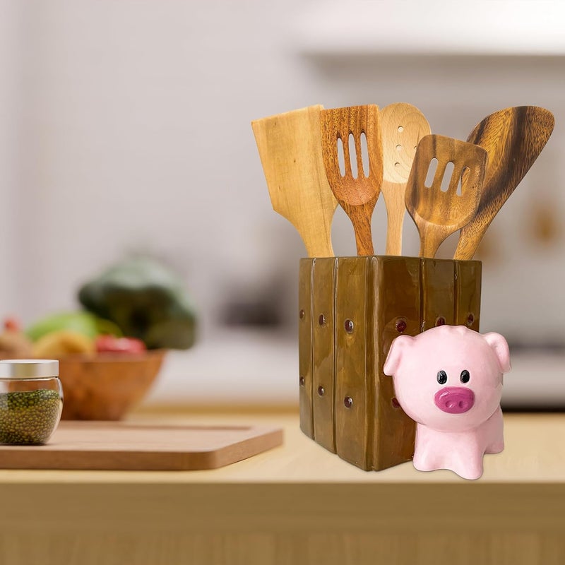 Sixdrop Pig Utensil Holder | Kitchen Crock Storage | Pig Stuff Print Accessories Decoration | Cute Hog Gifts for Women | Cerdo Pollo Animal Boar Decor | Countertop Piglet Stuff Vase - Image 5