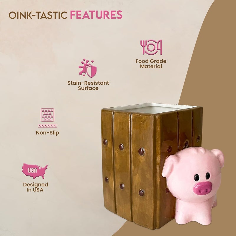 Sixdrop Pig Utensil Holder | Kitchen Crock Storage | Pig Stuff Print Accessories Decoration | Cute Hog Gifts for Women | Cerdo Pollo Animal Boar Decor | Countertop Piglet Stuff Vase - Image 2