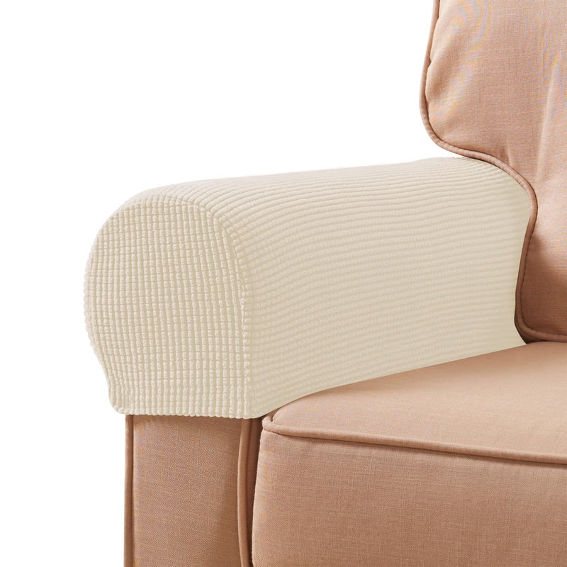 SUBRTEX Stretch Couch Arm Covers Set of 2, Checkered Sofa Arm Slipcovers, Anti-Slip Armrest Covers for Recliner and Armchairs, Pet Proof, High Stretchy, Hook & Loop Tape, Ivory - Image 1