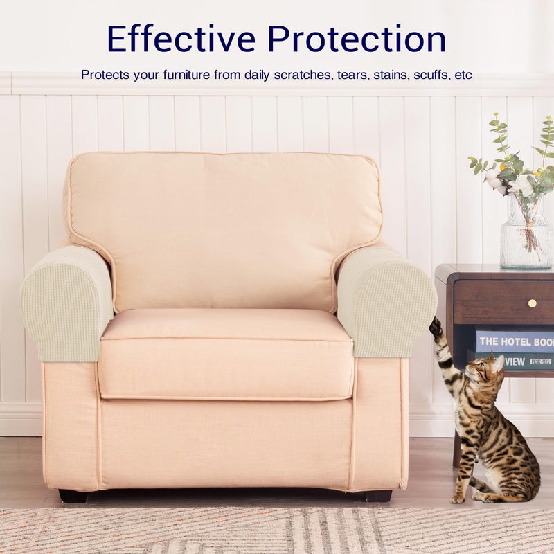 SUBRTEX Stretch Couch Arm Covers Set of 2, Checkered Sofa Arm Slipcovers, Anti-Slip Armrest Covers for Recliner and Armchairs, Pet Proof, High Stretchy, Hook & Loop Tape, Ivory - Image 5