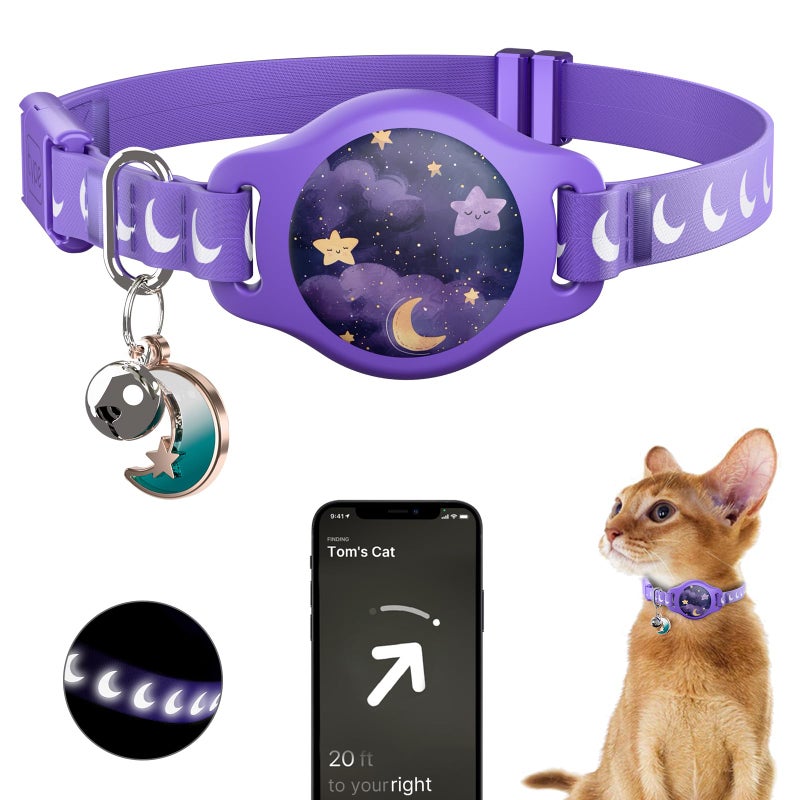 typecase Cat Collar with Airtag Holder Breakaway Airtag Cat Collar for Apple Air Tag with Luminous Reflective Pattern Waterproof GPS Cat Tracker Collars for Boy Girl Cats Kittens with Bell Purple 812 - Image 2