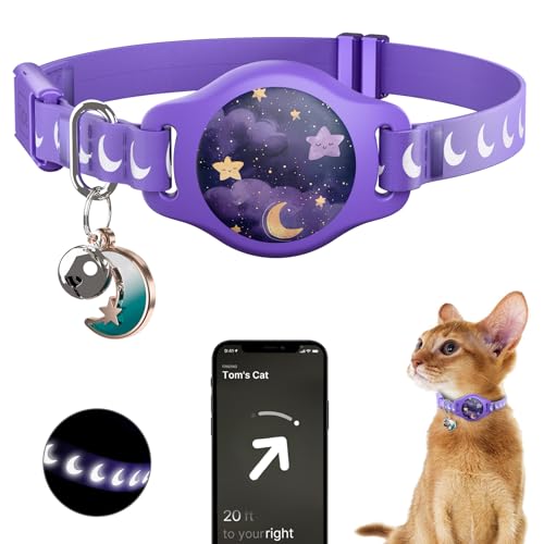 typecase Cat Collar with Airtag Holder Breakaway Airtag Cat Collar for Apple Air Tag with Luminous Reflective Pattern Waterproof GPS Cat Tracker Collars for Boy Girl Cats Kittens with Bell Purple 812 - Image 1