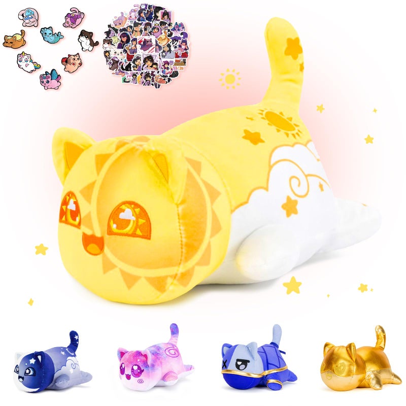 KOWSI 69-PCS 11-inches Sun Cat Plush + 60-Sticker + 8-Pcs Shoe Charms - Galaxy Cat Collection - 100% Embroidered Plushie - Cat Stuffed Animal Collectible (Sun Cat)
