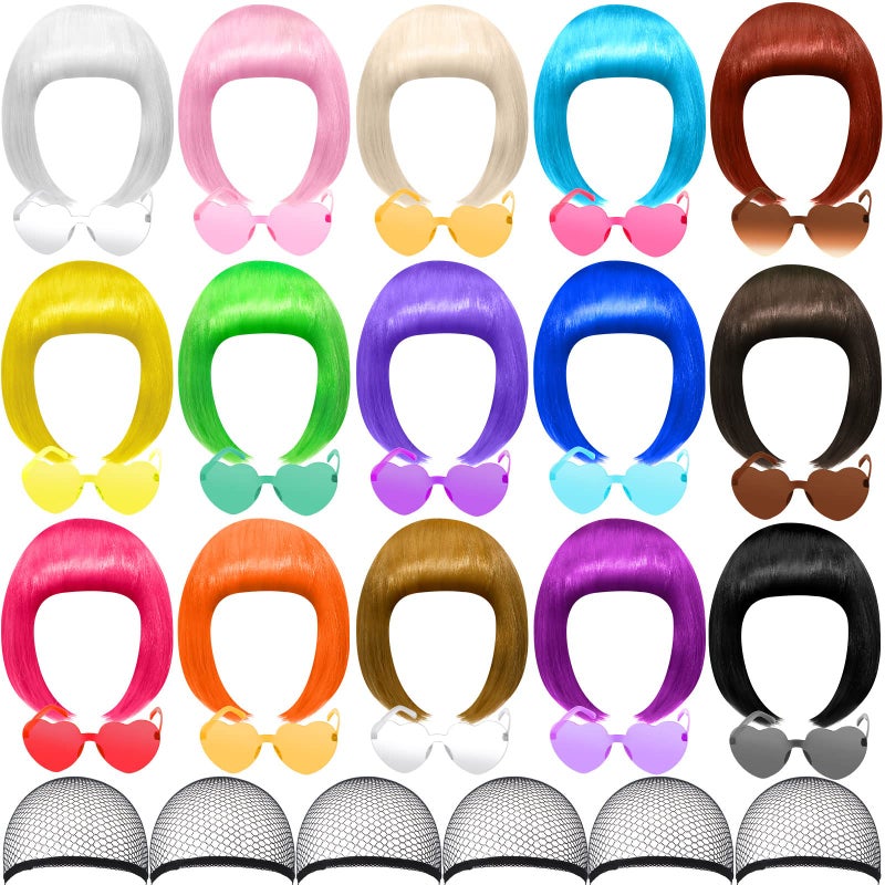 MTLEE 16 Sets Party Wigs and Sunglass Set Colorful Neon Short Bob Wig Hair Hairpieces for Bachelorette Cosplay Favor Supplies(Multi-color) - Image 1
