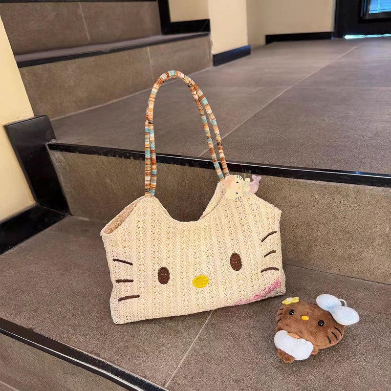 Straw Woven Kitty Cat Tote Bag - Image 3