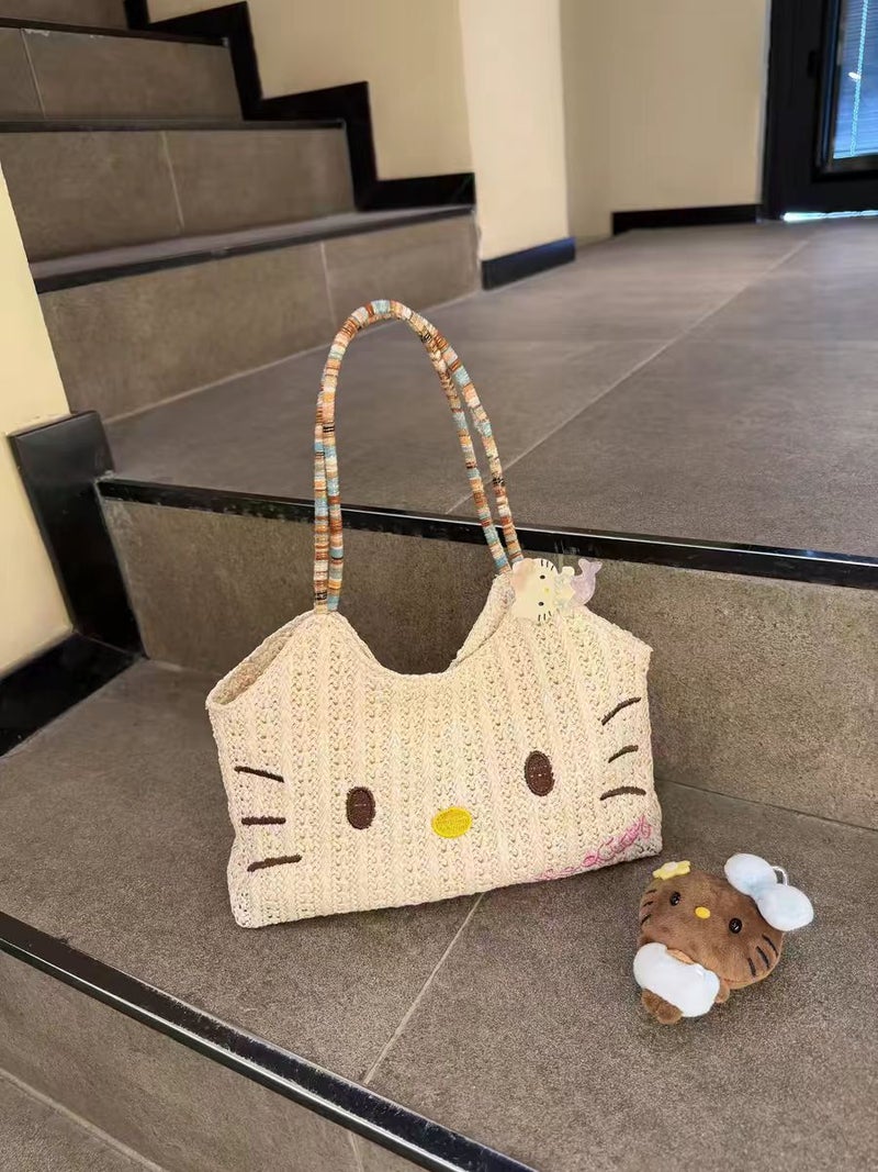 Straw Woven Kitty Cat Tote Bag - Image 1