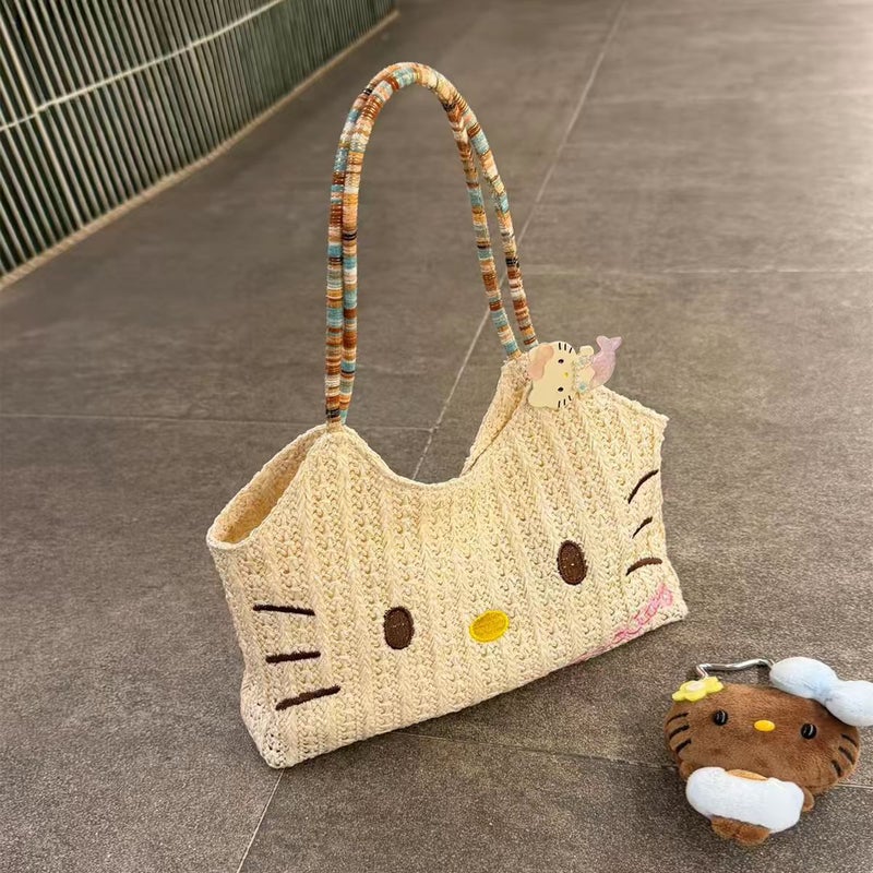 Straw Woven Kitty Cat Tote Bag - Image 4