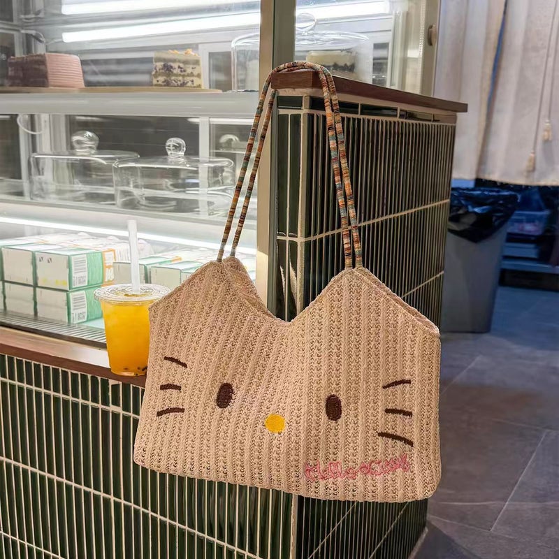 Straw Woven Kitty Cat Tote Bag - Image 2