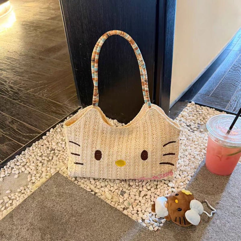 Straw Woven Kitty Cat Tote Bag - Image 5