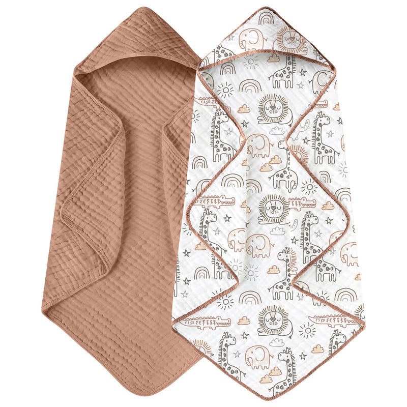 Yoofoss Hooded Baby Towels for Newborn 2 Pack 100% Muslin Organic Cotton Baby Bath Towel with Hood for Babies, Infant, Toddler and Kids, 32x32Inch, Soft and Absorbent Newborn Essential, Giraffe - Image 1