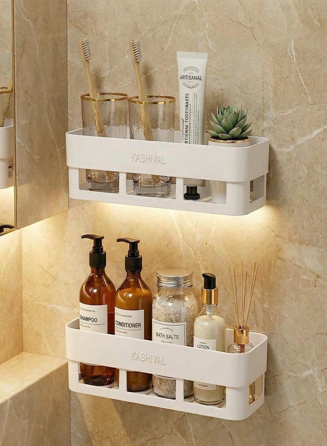 KASHIVAL Bathroom Shelf Wall Mount, No Drill Space ABS Plastic Rack with Hooks for Shampoo Holder, Kitchen Storage Organizer, Multipurpose Rectangular Shelves (ABS Plastic, 2) - Image 1