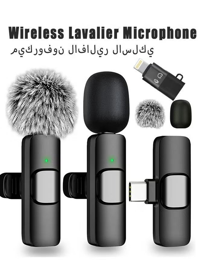 Wireless Lavalier Microphone fo iPhone - Android, iPad, Tablets, Bluetooth Mini Microphone with Noise Canceling,Wireless Mic with 2 Microphone for USB-C Android Phone and iPhone Video Recording- Interview- Vlog- Auto Sync and Noise Reduction