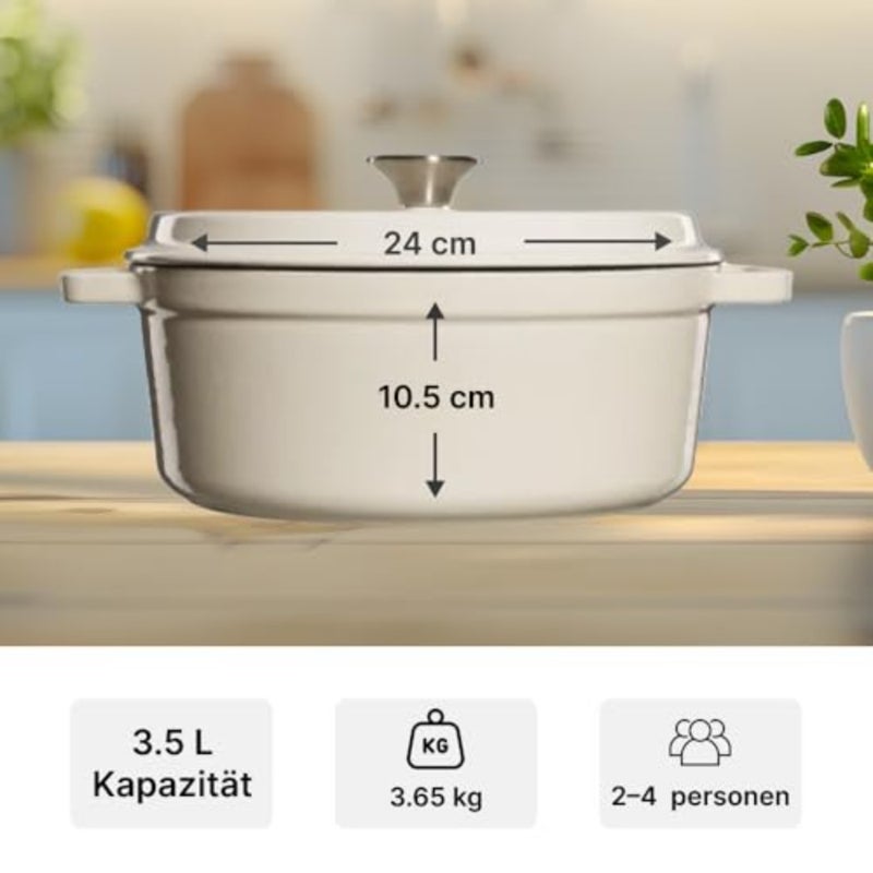 Cast Iron Casserole Pot - Enamelled Cast Iron Pot with Lid and Wide Handles for Kitchen, Baking, Stewing, Known for Longevity and Durability, Capacity 3.5 L, White - Image 2