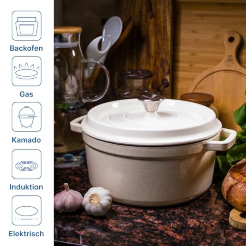 Cast Iron Casserole Pot - Enamelled Cast Iron Pot with Lid and Wide Handles for Kitchen, Baking, Stewing, Known for Longevity and Durability, Capacity 3.5 L, White - Image 4