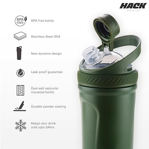 Hack Athletics Premium Stainless Steel Insulated Shaker Bottles for Gym, Protein Shaker, Pre Workout Bottle, Water Bottle for Men and Women, BPA Free Material 100% Leakproof | 709ML (Green) - Image 2