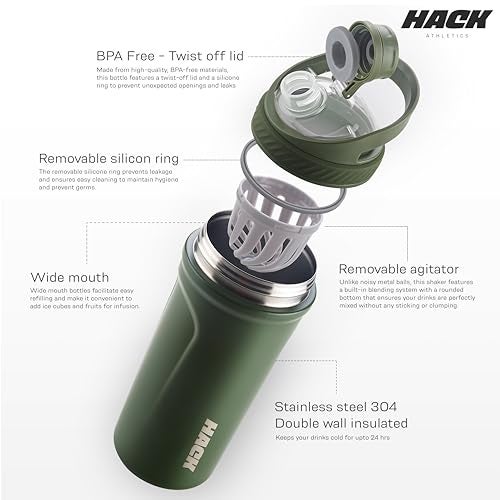 Hack Athletics Premium Stainless Steel Insulated Shaker Bottles for Gym, Protein Shaker, Pre Workout Bottle, Water Bottle for Men and Women, BPA Free Material 100% Leakproof | 709ML (Green) - Image 3