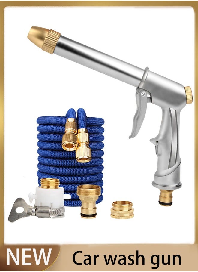 فلاي رود مسدس مياه غسيل السيارات المنزلي، خرطوم حديقة، طقم خرطوم غسيل سيارات قابل للسحب بطول 15 مترًا مع مسدس عمود تمديد، و3 وصلات توصيل سريعة، وزجاجة رذاذ رغوية للتنظيف الخارجي، والعناية بالعشب، وغسيل السيارات  - Image 1