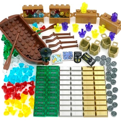 Pamvava Money Treasure Chest Bank Pirate Ships Friends City Accessories Building Block Maps Dollar Jewel Gems Diamonds Gold Bar Coins Bricks Pieces Crystals Bill Cash Parts Sets - Image 1
