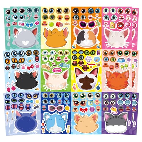 DUJAA 24 Sheets Cats Stickers for Kids Make a Cat Face Stickers Make You Own Cats Stickers Animal Stickers for Kids Birthday Gift Party Favors Supplies Teacher Art Craft Games School Activity Reward - Image 1
