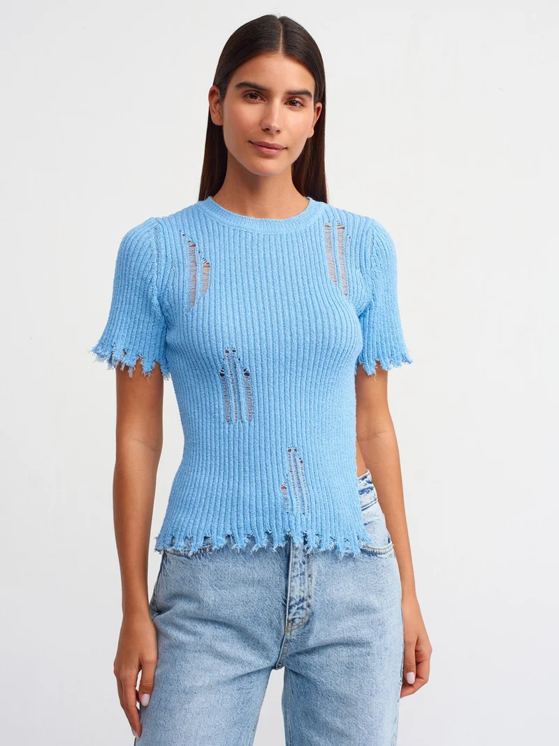 ديلفين 10555 Crew Neck Ripped Detailed Knitwear Sweater-Blue
