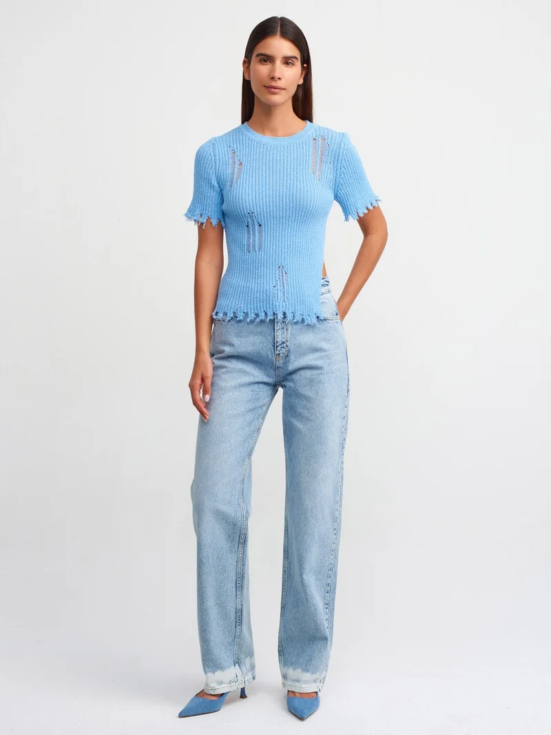 ديلفين 10555 Crew Neck Ripped Detailed Knitwear Sweater-Blue