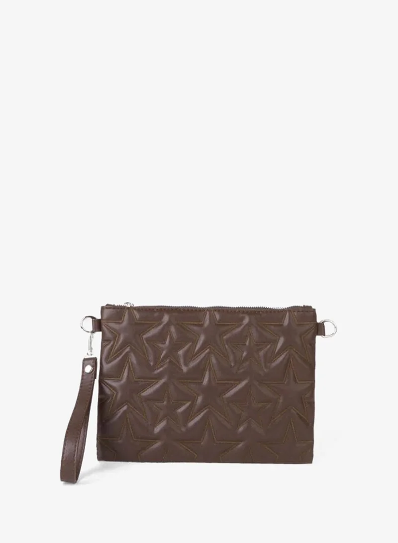 Women's Brown Star Embroidered Artificial Leather Wrist and Chain Strap Portfolio Hand and Clutch Bag.