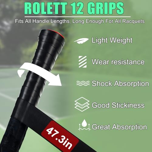 Rolett 12 Pack Tennis Racket Grip Tape, Precut Anti Slip Tennis Grip Tape, Absorbent and Dry Feel Tennis/Pickleball/Badminton Grips Overgrip Tape, Highly Comfortable Overgrip Tennis Racket Tape - Image 2