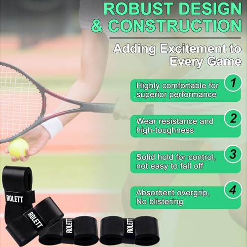Rolett 12 Pack Tennis Racket Grip Tape, Precut Anti Slip Tennis Grip Tape, Absorbent and Dry Feel Tennis/Pickleball/Badminton Grips Overgrip Tape, Highly Comfortable Overgrip Tennis Racket Tape - Image 4