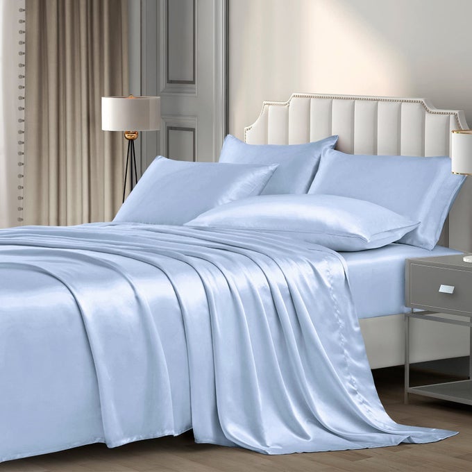 6 PIECES QUEEN SATIN SHEETS LUXURY BABY BLUE SATIN BEDDING SHEET SET 1 DEEP POCKET FITTED SHEET 1 FLAT SHEET 4 PILLOW CASES