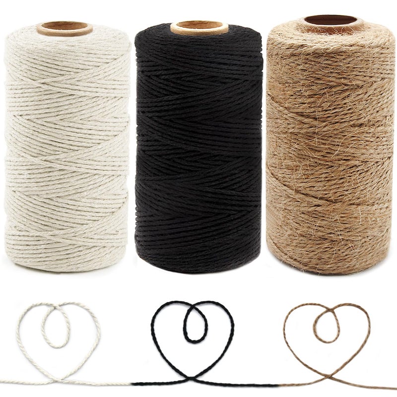 Anvin Cotton Twine  Natural Jute Packing  Wrapping Twines Black White  984 Feet 10 Ply 2mm Thick  Ideal for Bakers Butchers Arts  Crafts Gardening  Pack of 3