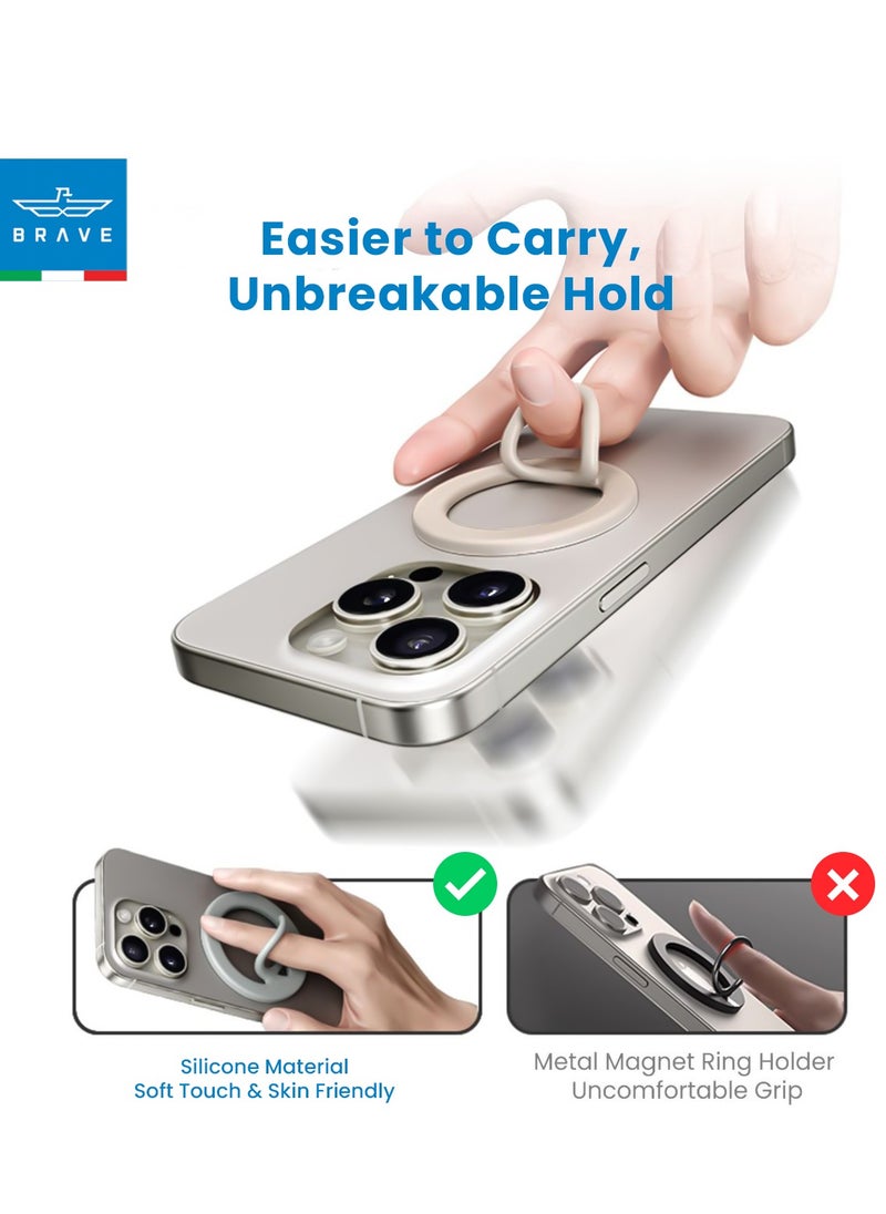 Brave - Dual-Sided Magnetic Ring Holder - Durable MagSafe Silicone Phone Grip, Compatible with Wireless Charging - Magnetic Phone Ring for iPhone 16/15/14/13/12 (Pro/Max/Plus), Samsung Galaxy S25/S24/S23/S22 and Other Series, and Other Phones with Metal Plate Attachment - Secure Grip and Hands-Free Stand (Beige) - Image 1