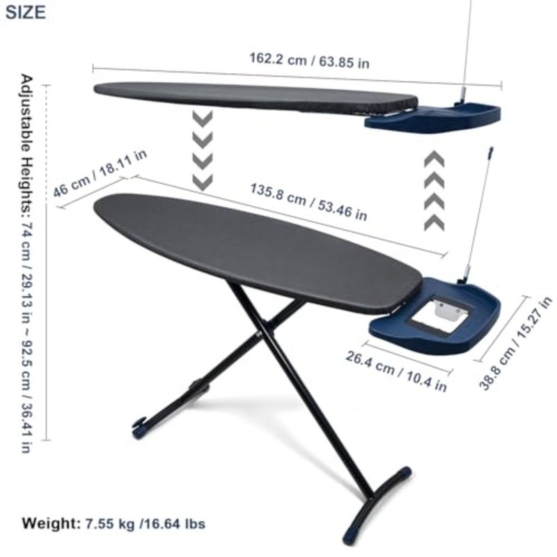 Pro Luxury Ironing Board, Extra Wide Iron Board 53''x18" with Heavy Duty Steam Iron Rest and Wheels for Easy Storage, Adjustable Height, Strong and Foldable T-Leg - Image 3