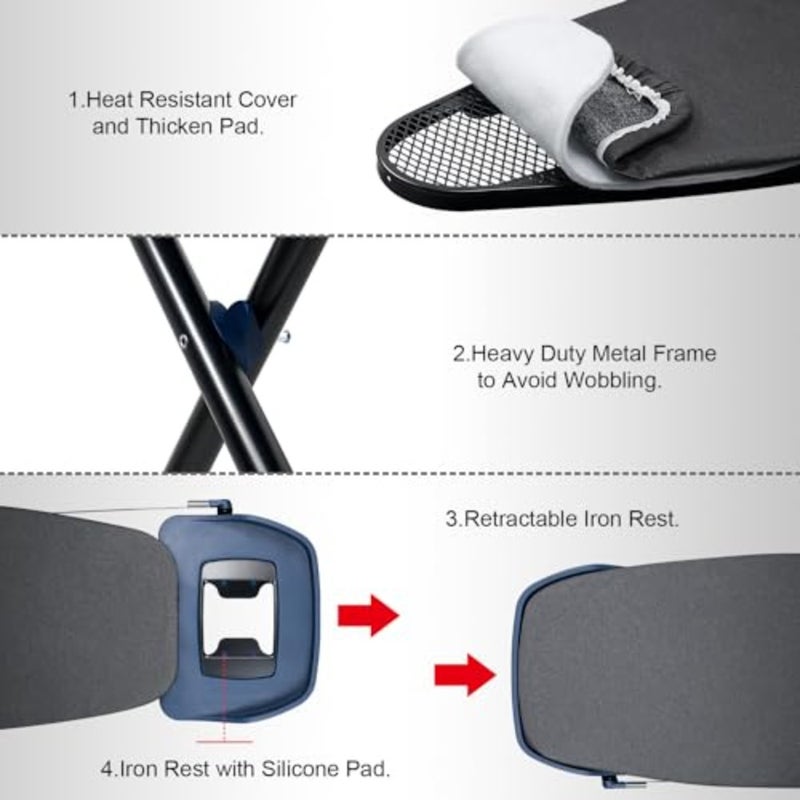 Pro Luxury Ironing Board, Extra Wide Iron Board 53''x18" with Heavy Duty Steam Iron Rest and Wheels for Easy Storage, Adjustable Height, Strong and Foldable T-Leg - Image 4