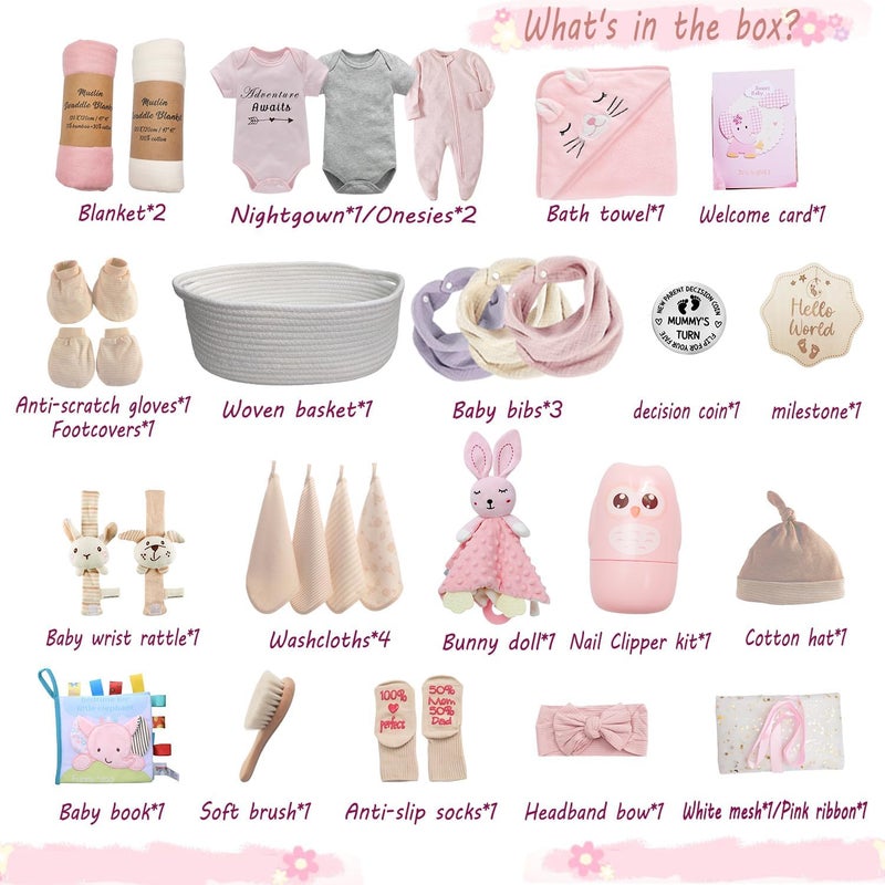 Kipwake 27-Piece Baby Girl Shower Gift Basket Set - Newborn Essentials, Large Pink Gift Basket With Rattle, Swaddle, Diaper Caddy Organizer - Image 2