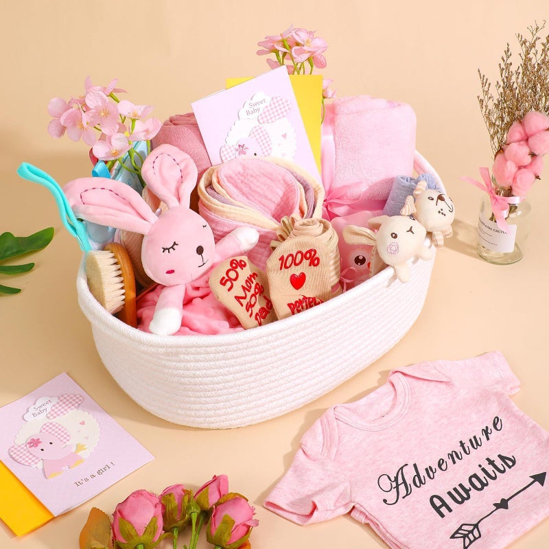 Kipwake 27-Piece Baby Girl Shower Gift Basket Set - Newborn Essentials, Large Pink Gift Basket With Rattle, Swaddle, Diaper Caddy Organizer - Image 4