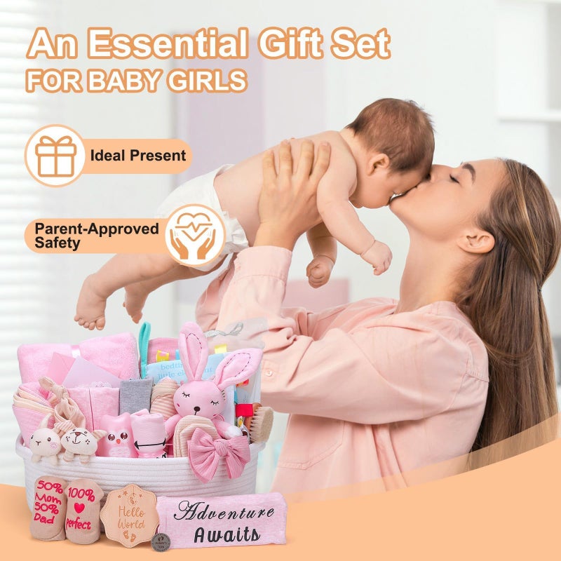 Kipwake 27-Piece Baby Girl Shower Gift Basket Set - Newborn Essentials, Large Pink Gift Basket With Rattle, Swaddle, Diaper Caddy Organizer - Image 5