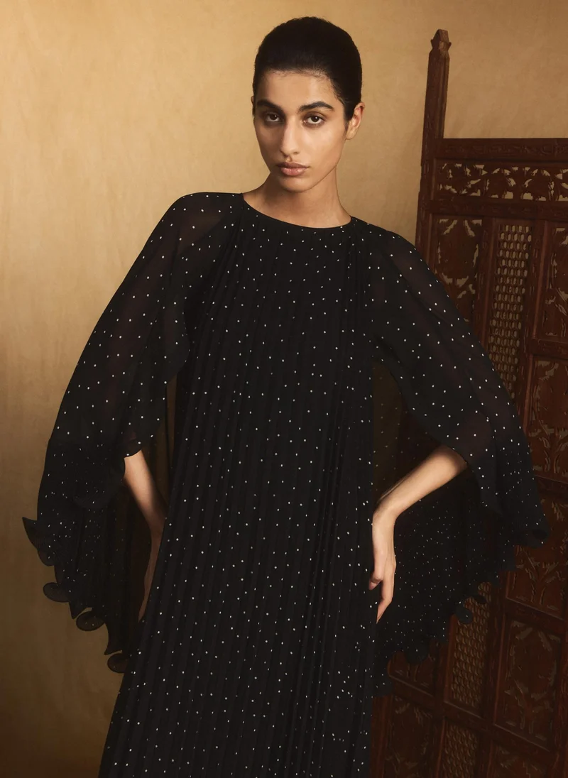Lichi  Polka dot chiffon maxi dress with voluminous cape for Women | Best Price UAE