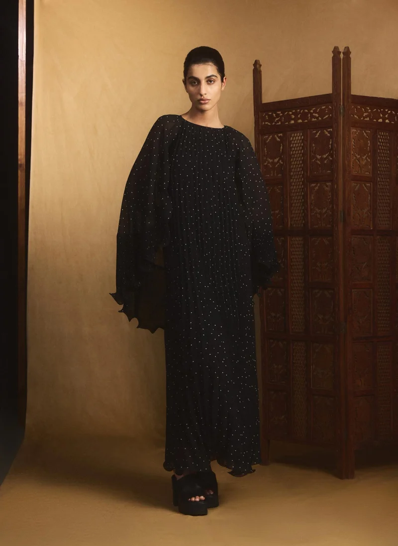 Lichi  Polka dot chiffon maxi dress with voluminous cape for Women | Best Price UAE