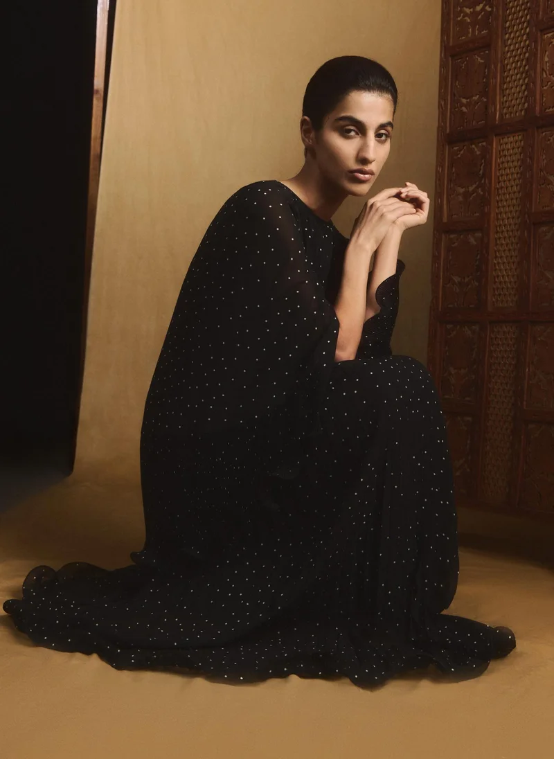 Lichi  Polka dot chiffon maxi dress with voluminous cape for Women | Best Price UAE